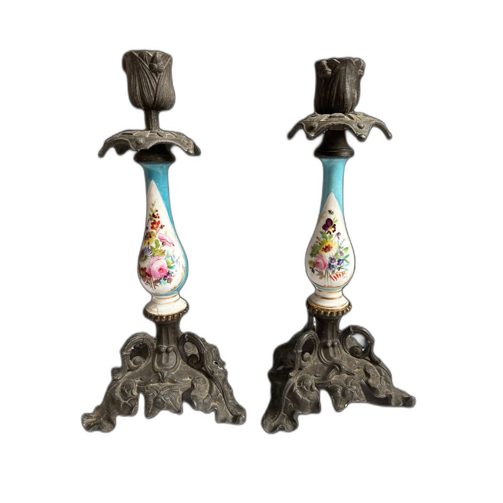 Pair of antique French cast iron candle ormolu porcelain holders, tulips, blue